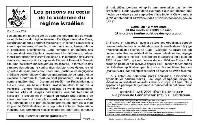 Manifestation samedi 6 avril 2024 dès 14h de la gare à la prison de Lannemezan (65) Georges Abdallah